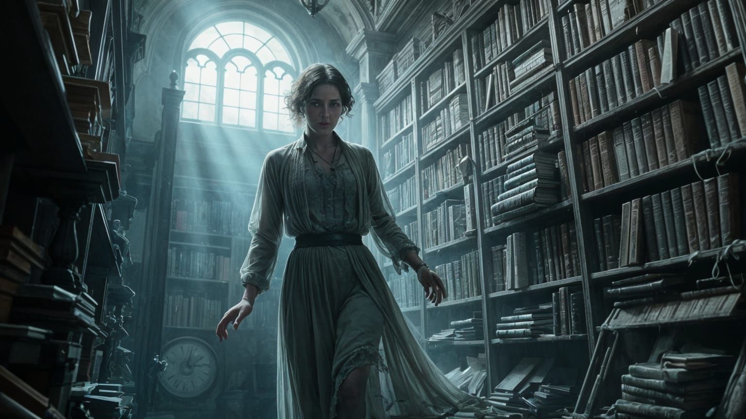 Haunted Library with Ghostly Librarian, Gothic Horror