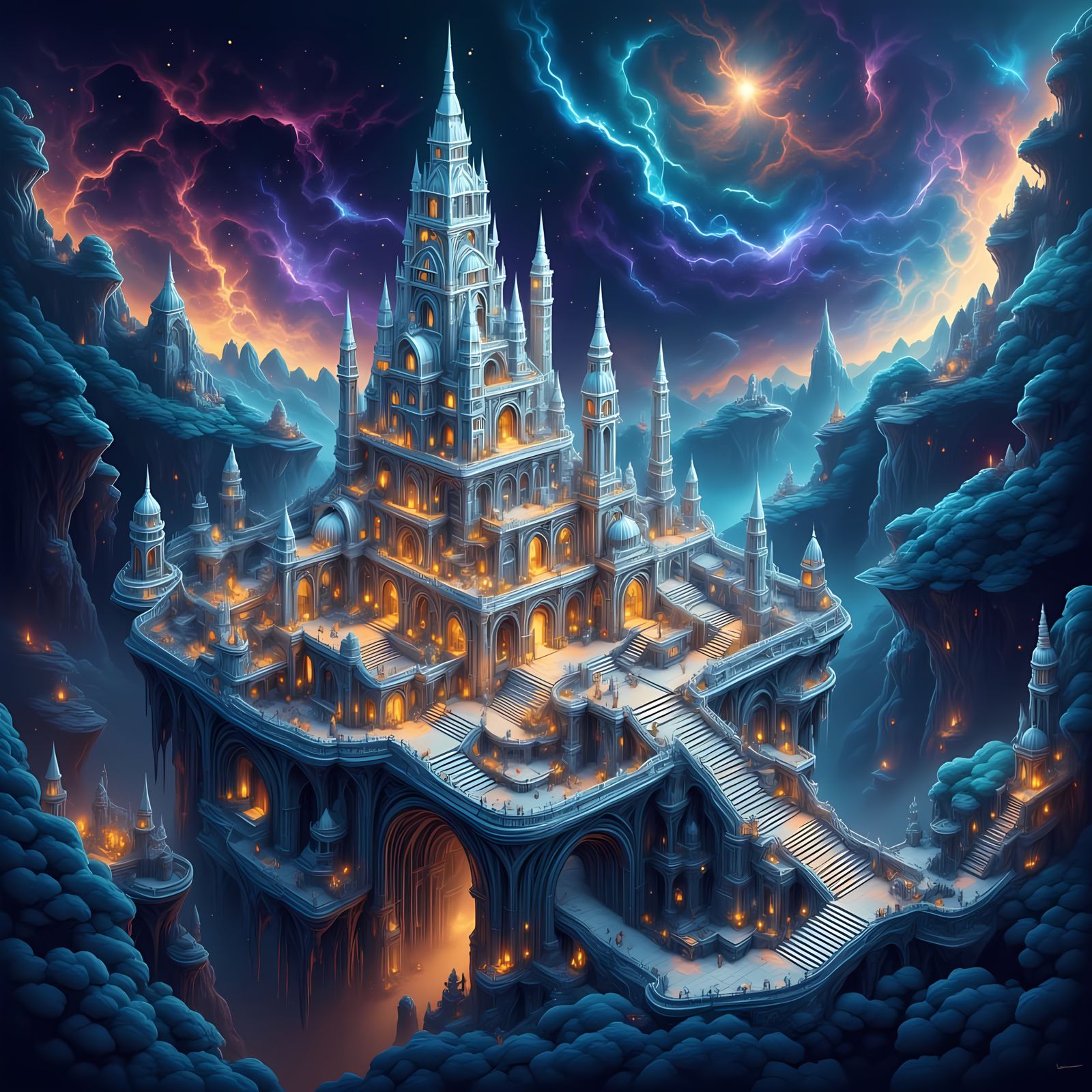 3D Isometric Celestial Stronghold in Starlit Skies