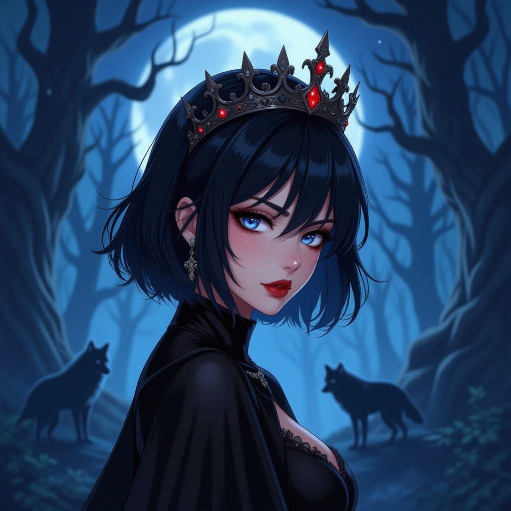 Anime Evil Queen in Dark Forest with Wolves