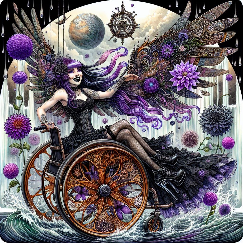 Goth Princess in Steampunk Wheelchair with Translucent Wings