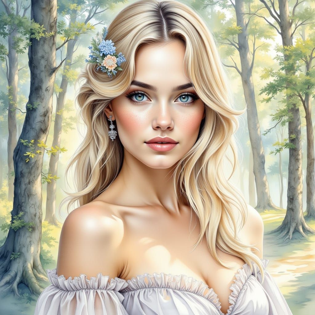 Beautiful Woman with Blonde Hair in Summer Forest