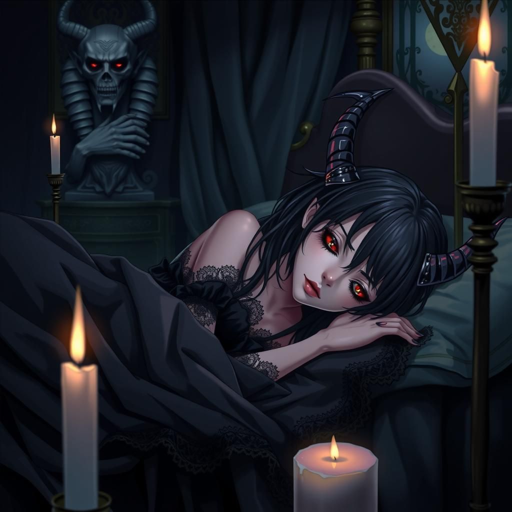Anime Devil Woman Slumbering in Mystical Chamber