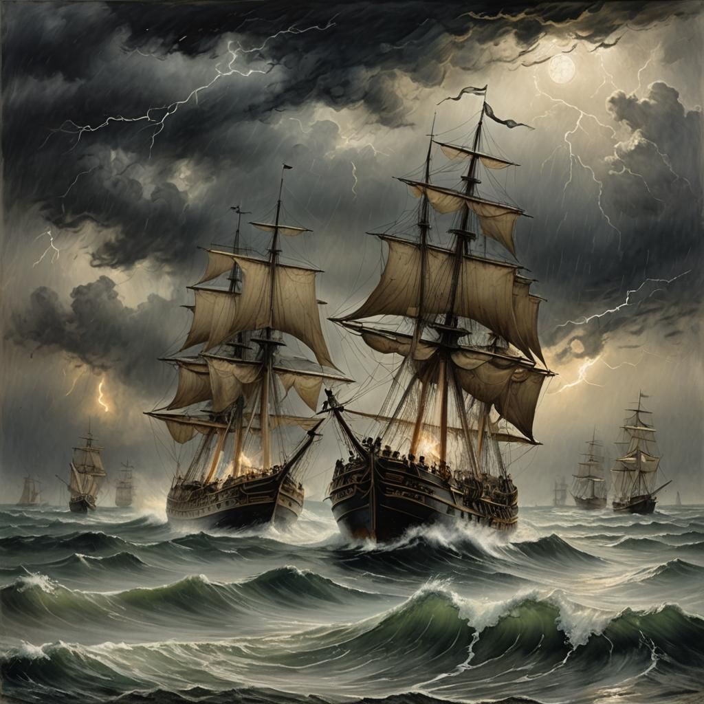 Ships in Stormy Harbor, Tonalist Painting