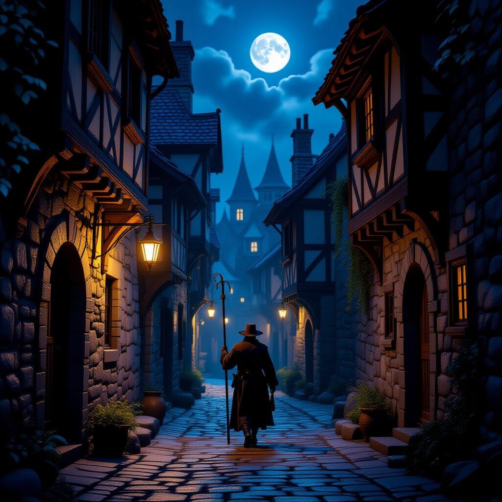 Dark Medieval Alleyway by Moonlight, Fantasy Concept Art