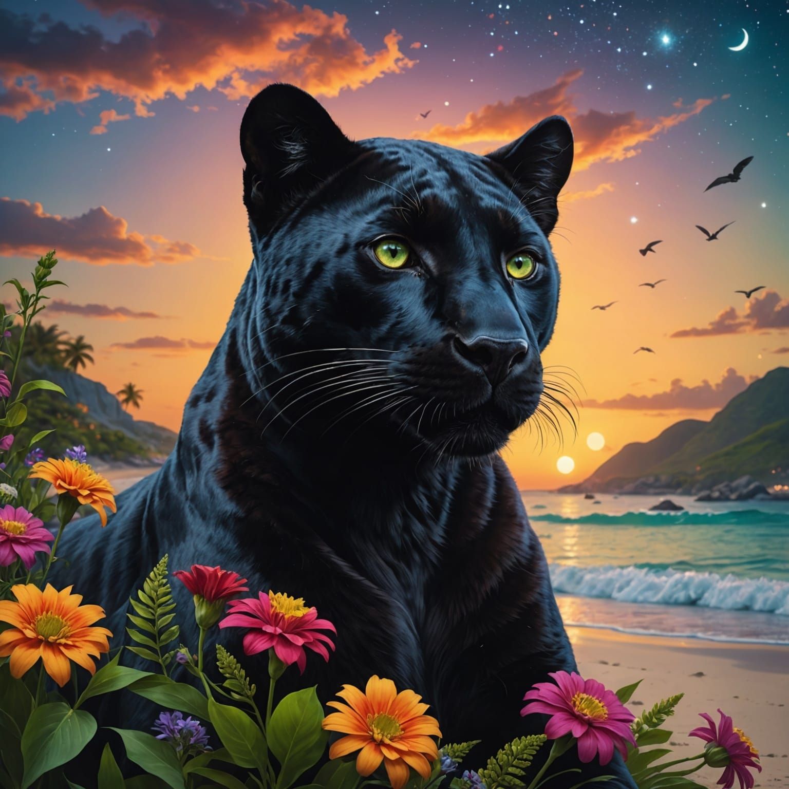 Haitian Black Panther Sells Flowers at Sunset