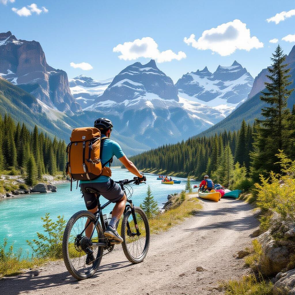 Cyclist on Mountain Path with River: Digital Illustration