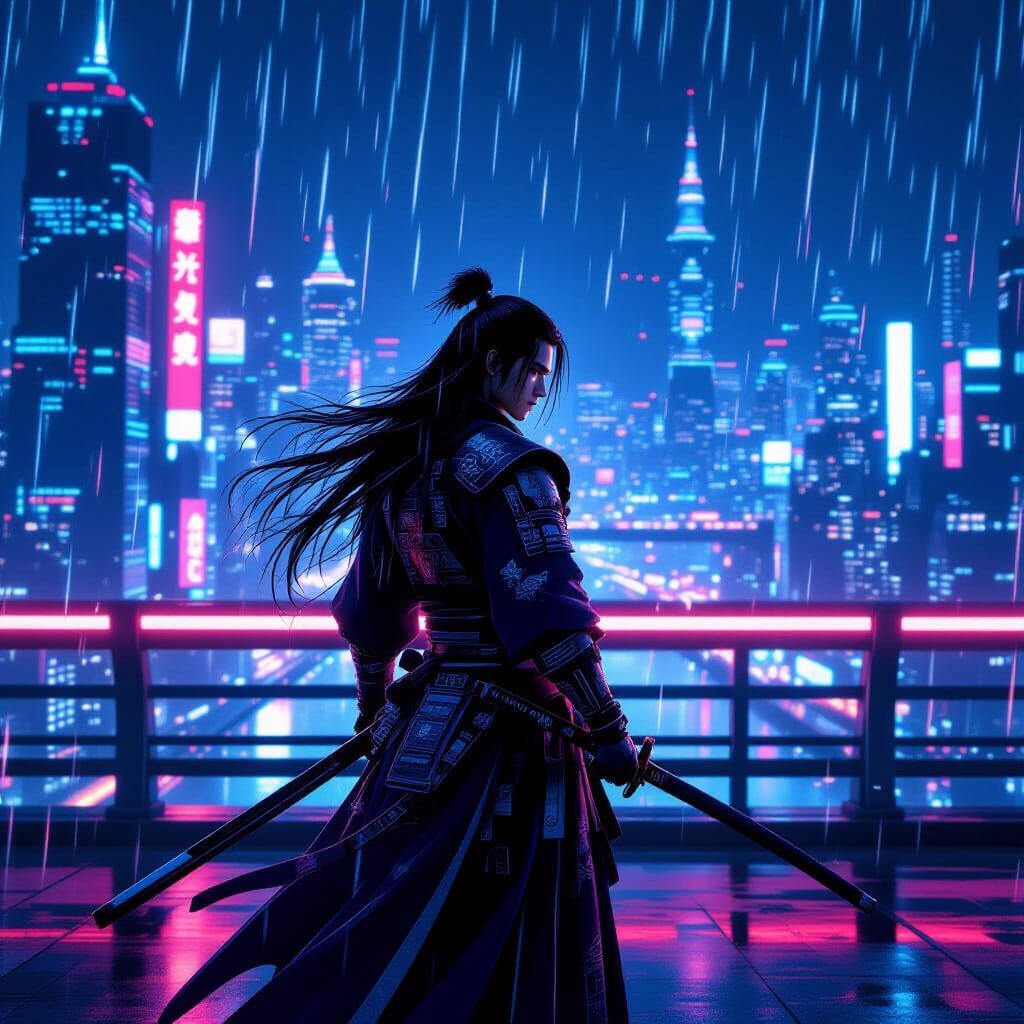 Futuristic Samurai in Cyberpunk Cityscape