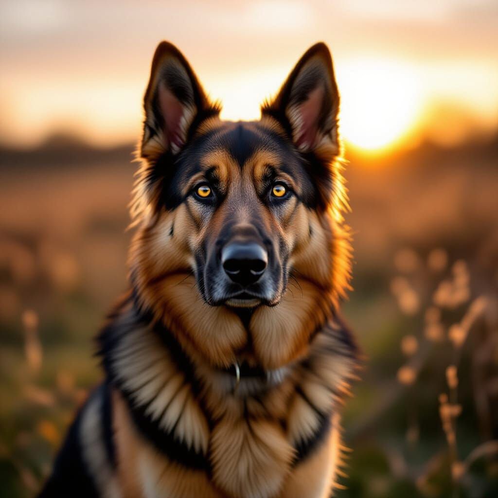 Majestic German Shepherd on Windswept Moor at Golden Hour