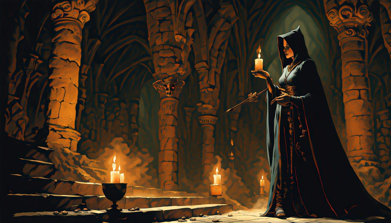 Sorceress Casting Spell in Gothic Cathedral, Frazetta Style