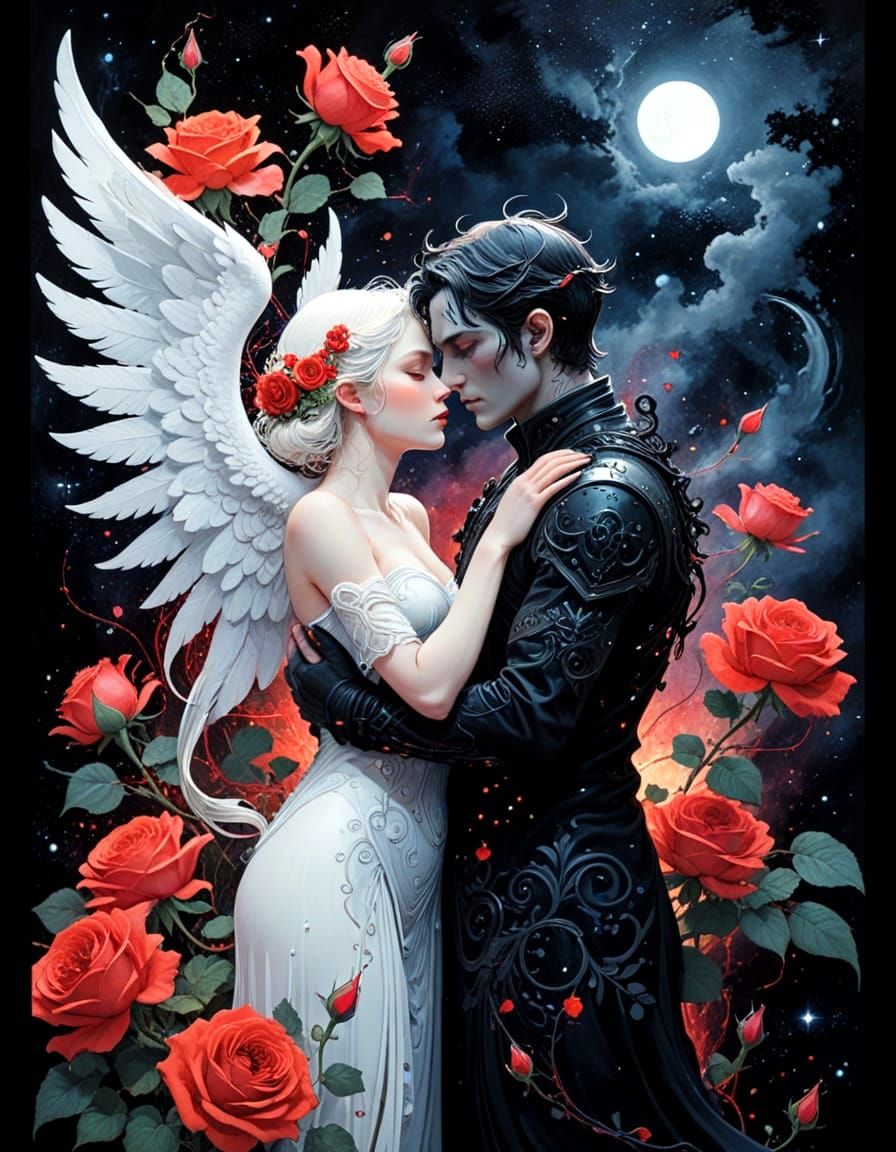 Angel and Demon Embrace in Cosmic Watercolor Fantasy