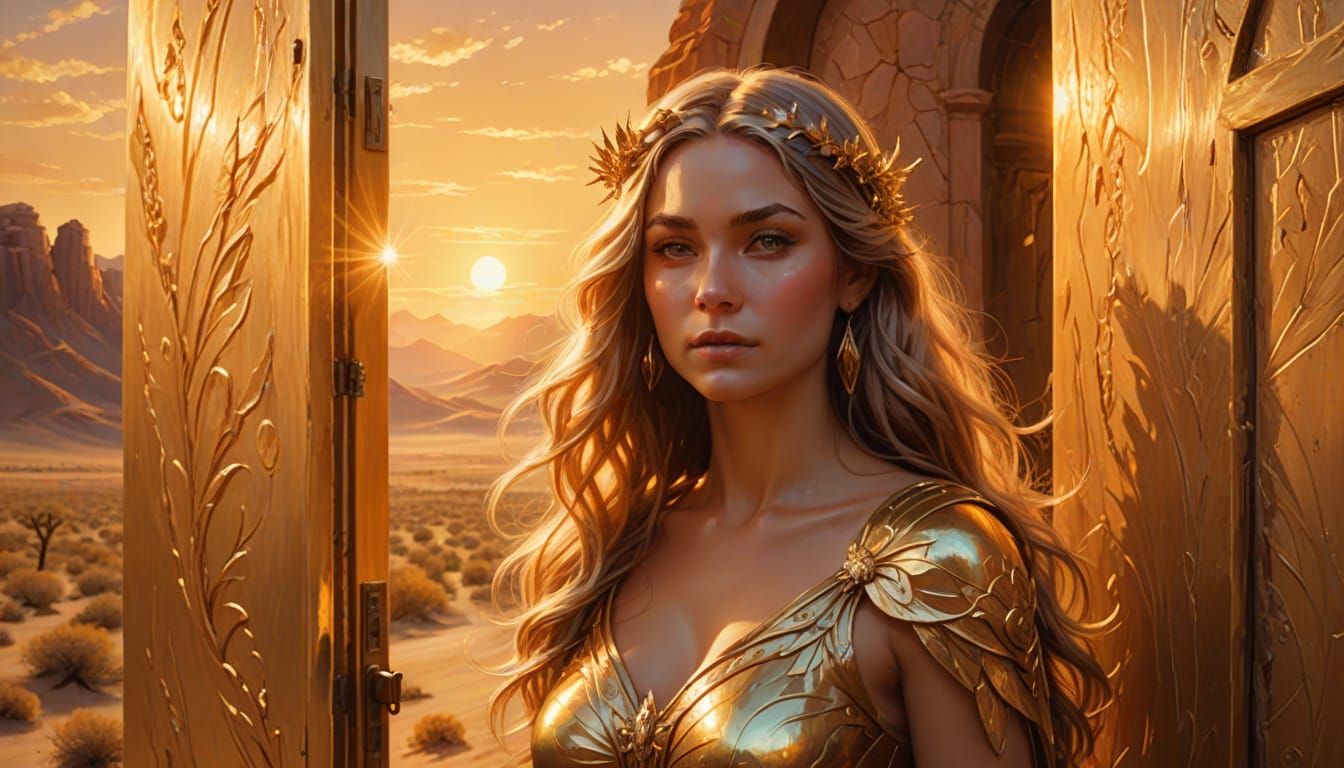 Fairy Woman at Shining Door in Desert Landscape