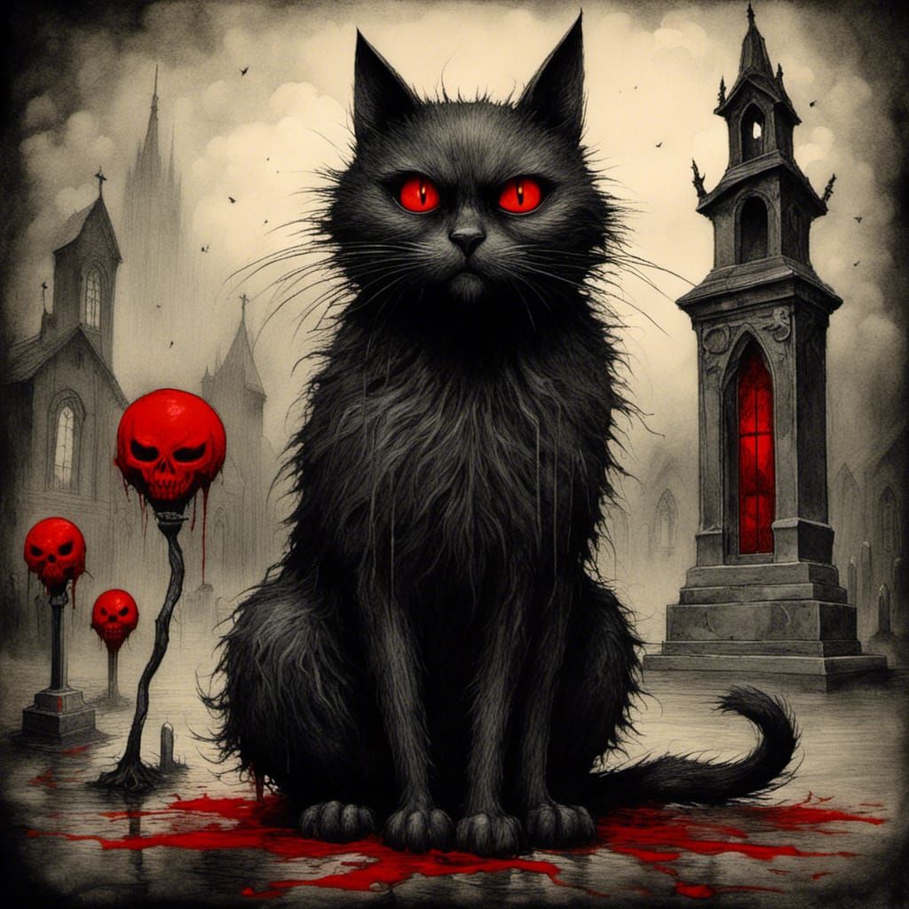 Sinister Black Cat in Cemetery: A Grimdark Horror