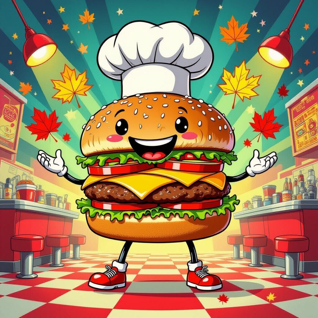 Giant Hamburger Chef Juggling Food in Cosmic Diner