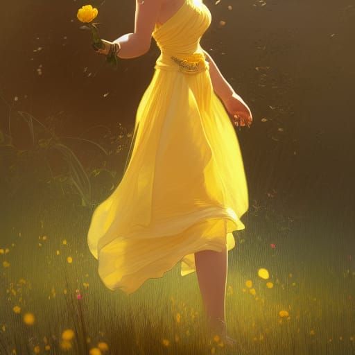 Girl in Yellow Dress with Flowers, Art Nouveau
