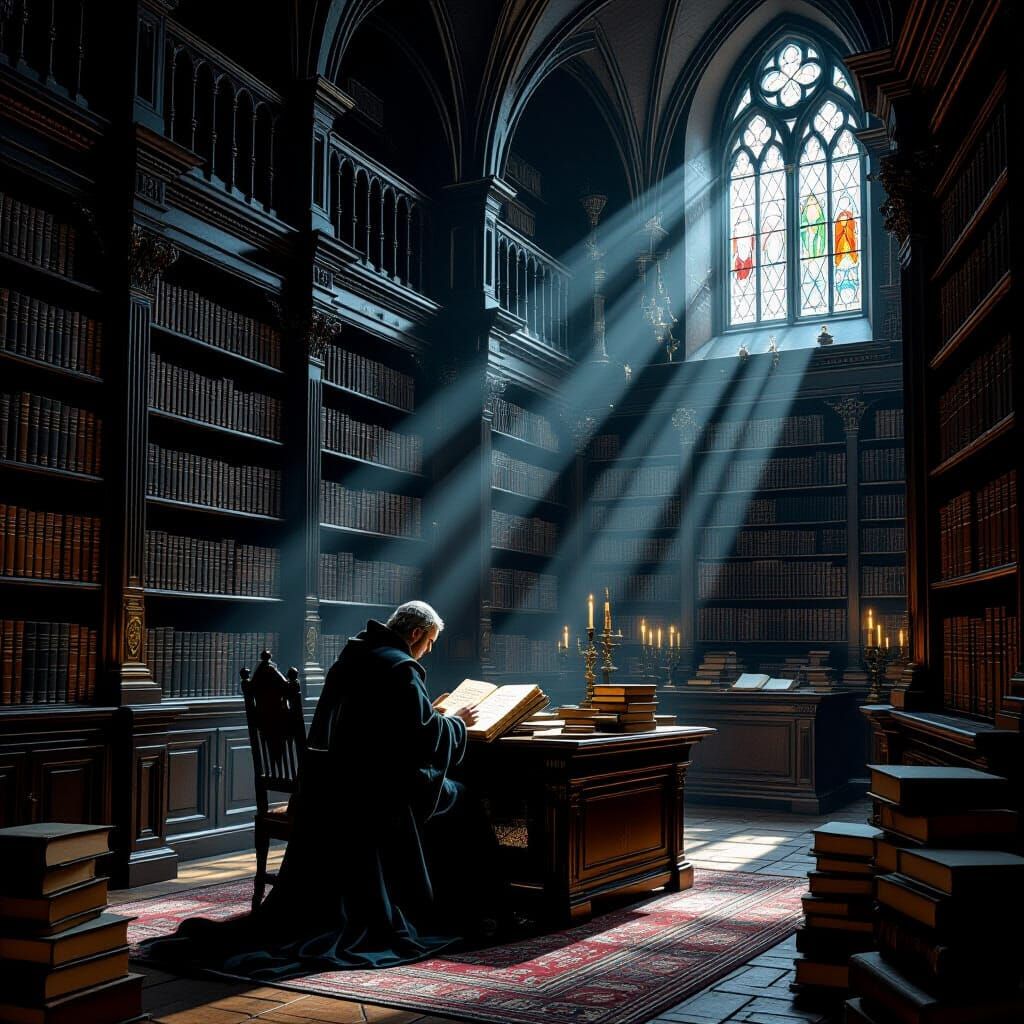 Scholar in Dim Gothic Library, Dutch Masters Style