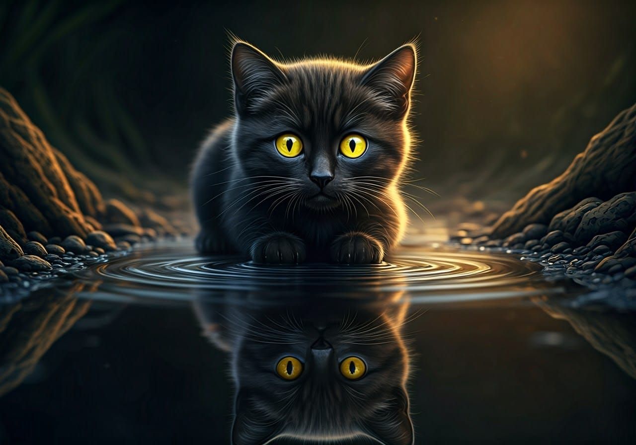 Kitten's Jaguar Reflection: A Whimsical Chiaroscuro Dream