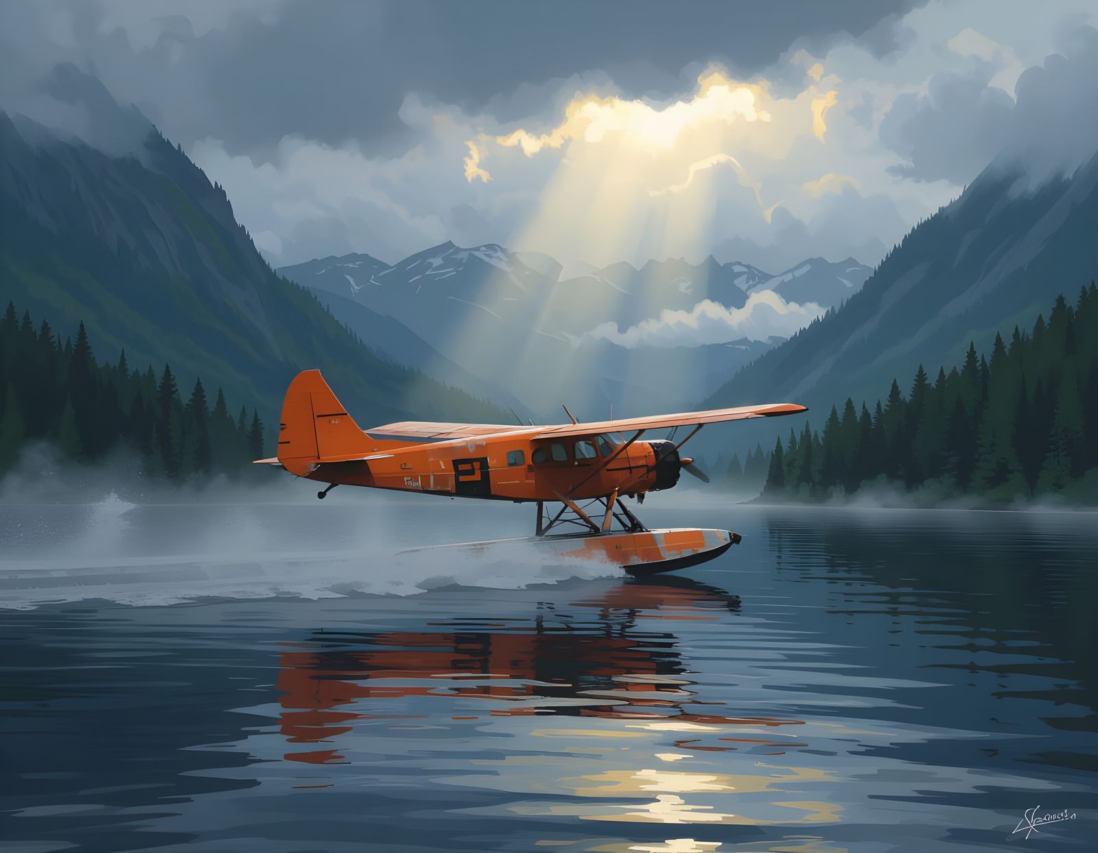Seaplane Takes Off From Misty Mountain Lake