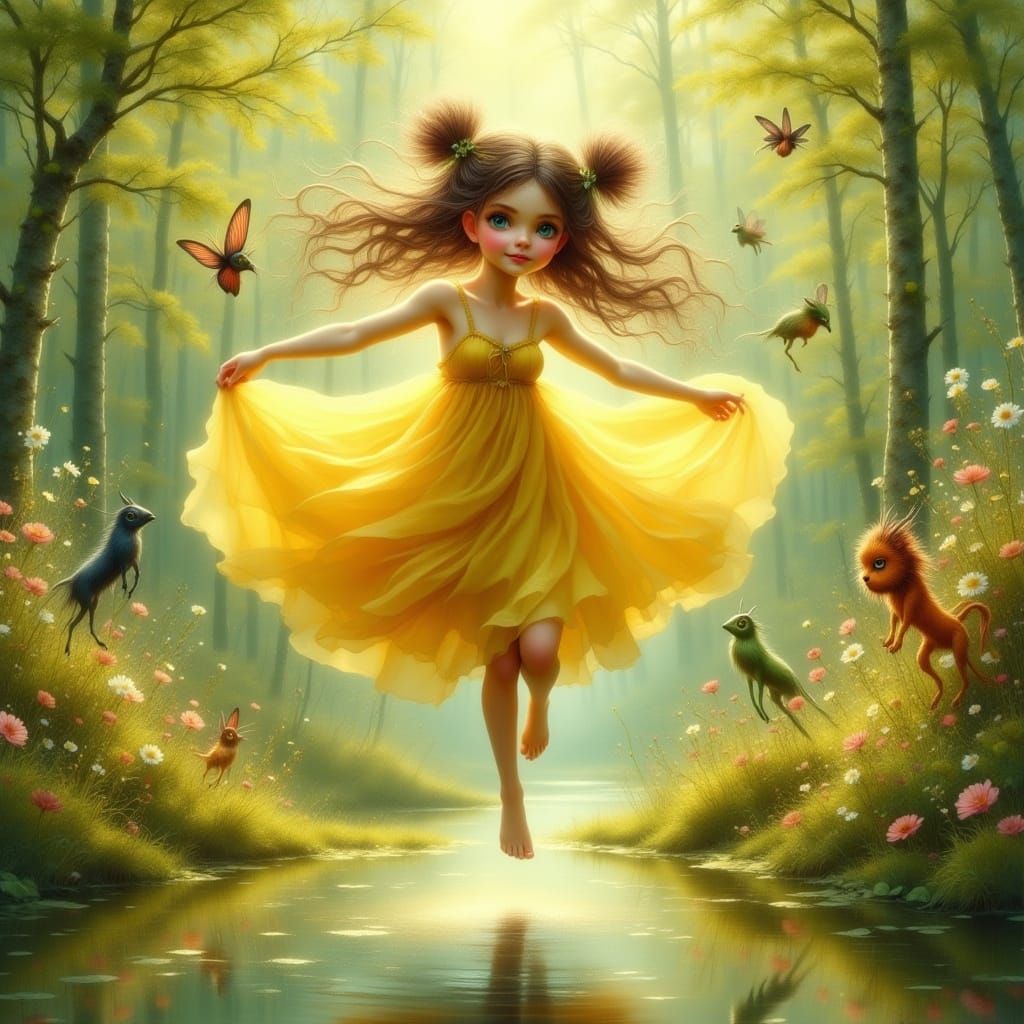 Dancing Girl Surrounded by Fairies in Whimsical Style