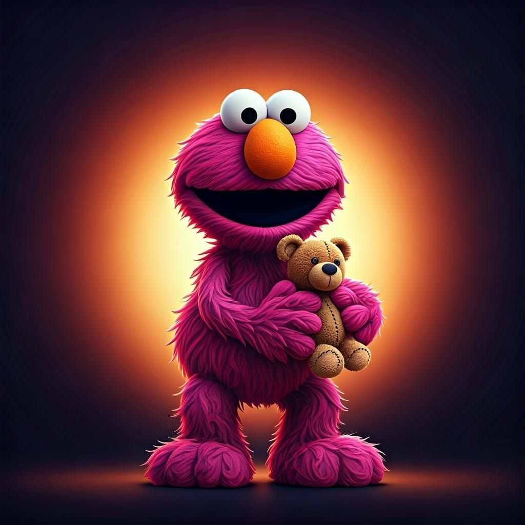 Elmo Plays with Teddy Bear in Vibrant 3D Art