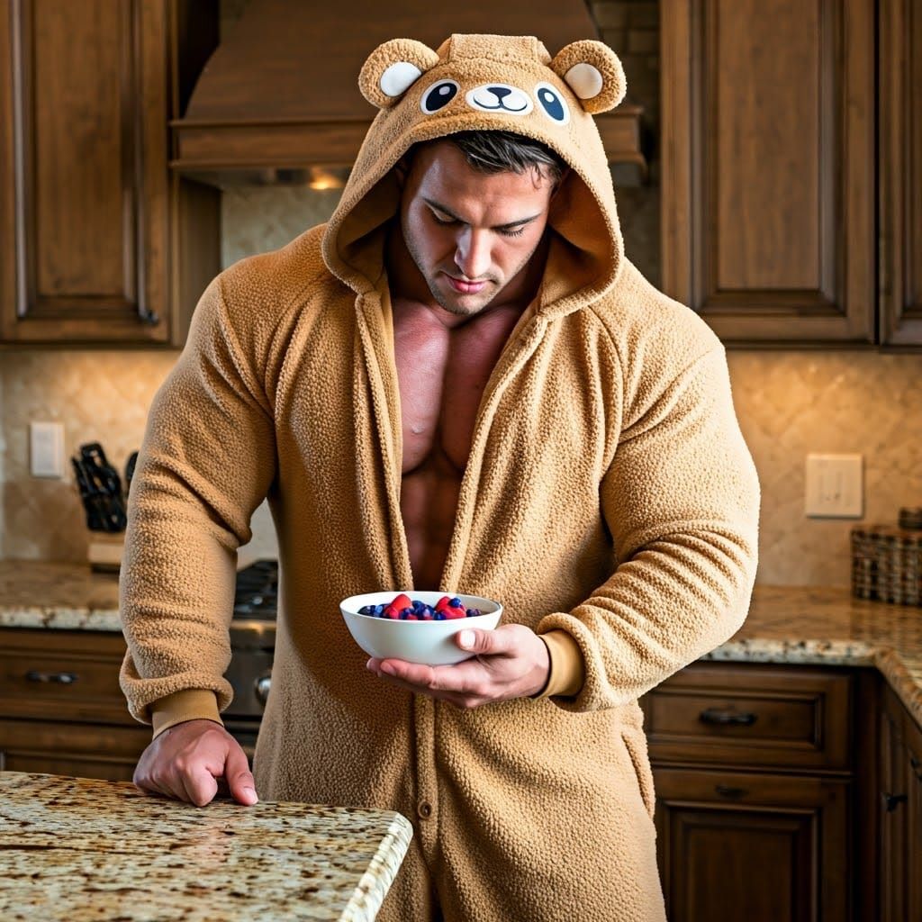 Muscular Bodybuilder in Bear Onesie in Kitchen