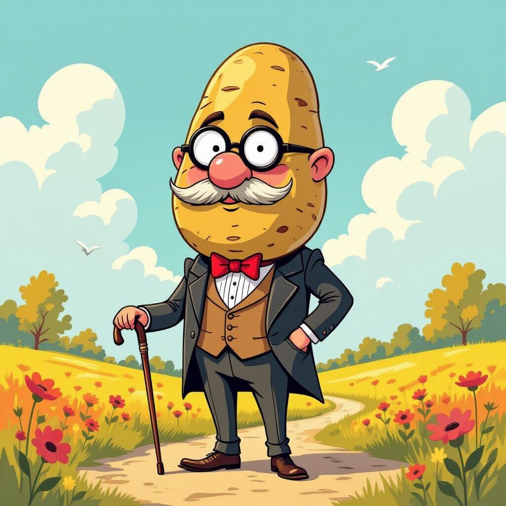 Goofy Potato-Headed Man in Surreal Landscape