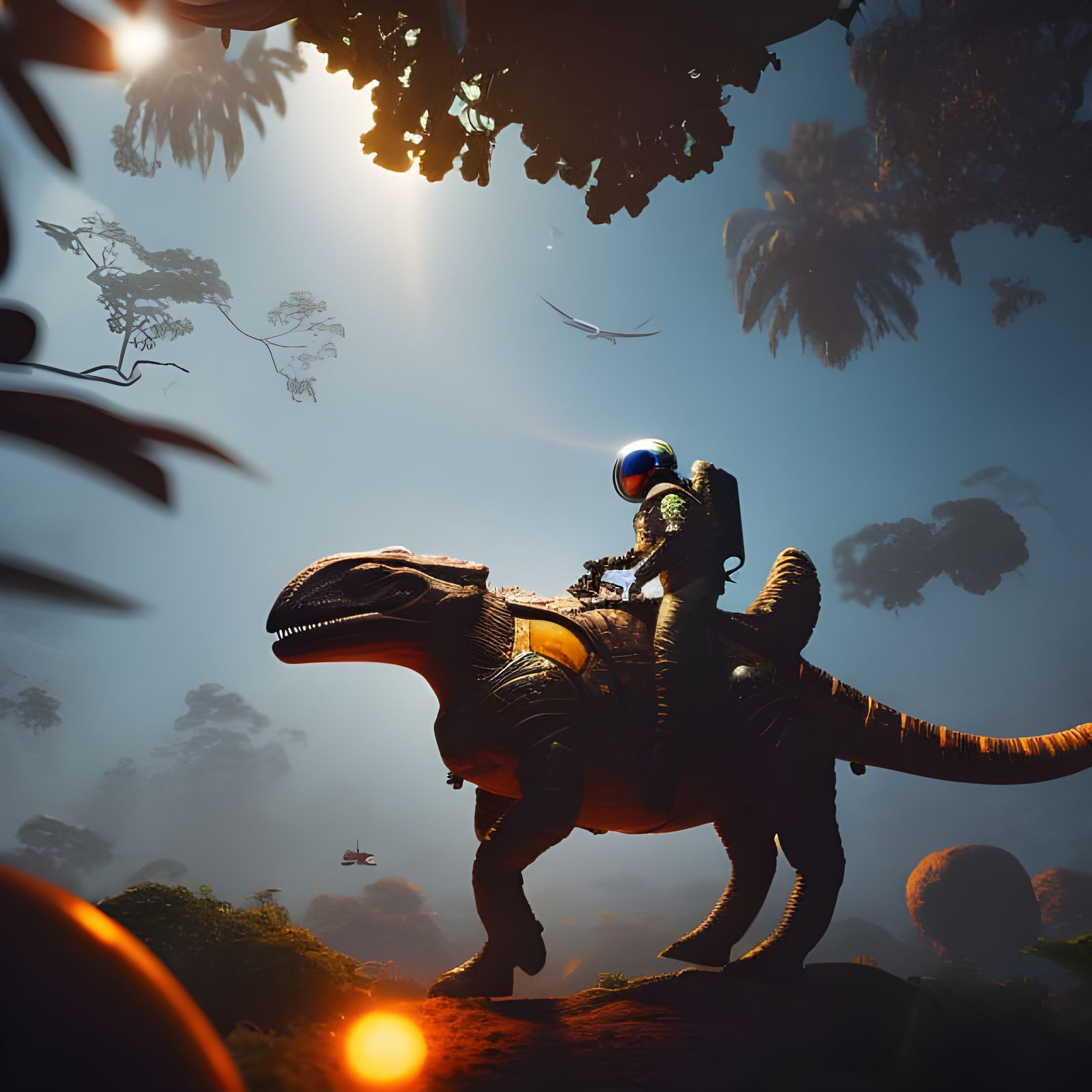 Astronaut Rides Dinosaur in Jungle Oil Painting
