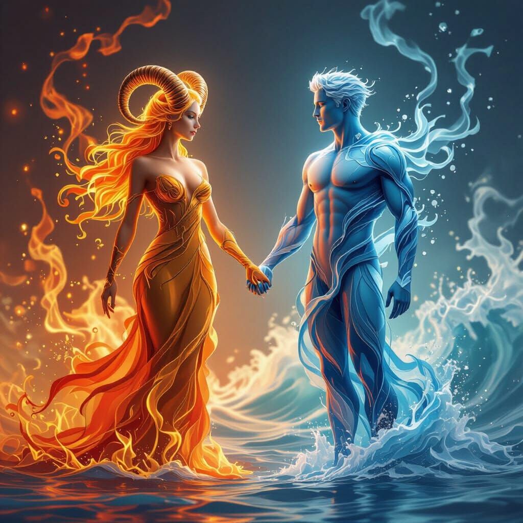 Fire Woman and Water Man Embrace in 3D Render