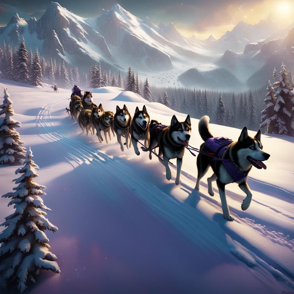Aerial View of Sled Dog Team: Dark Fantasy Art