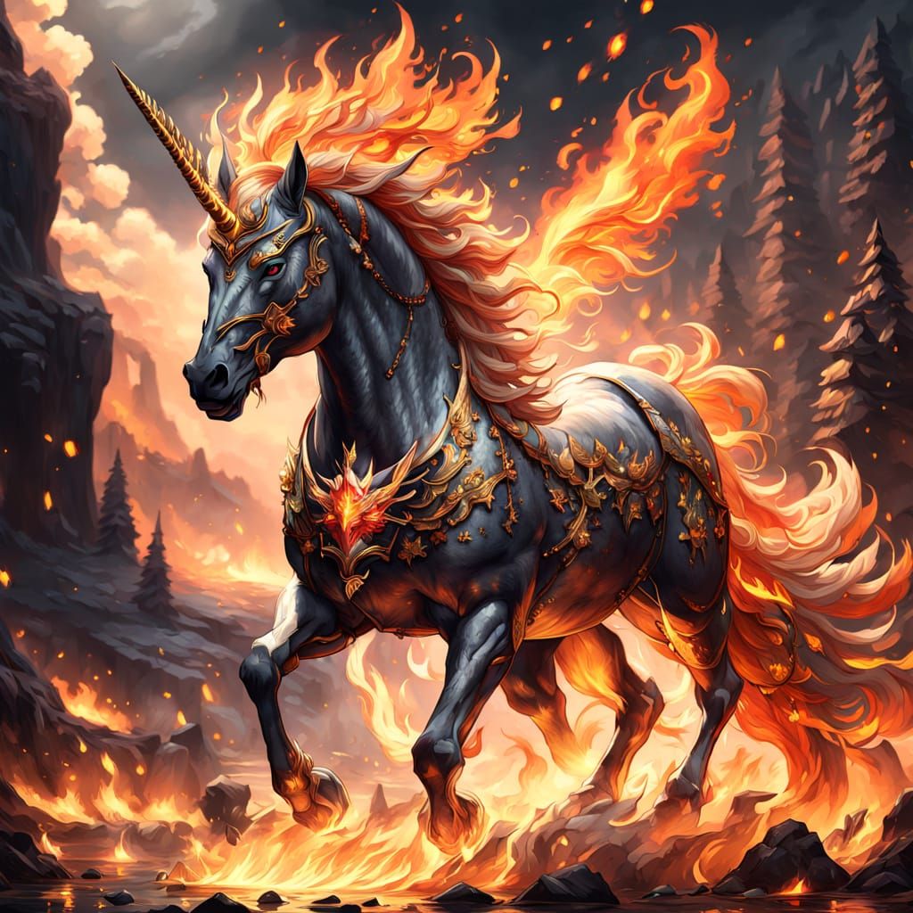 Majestic Fiery Steed in Dark Fantasy Landscape