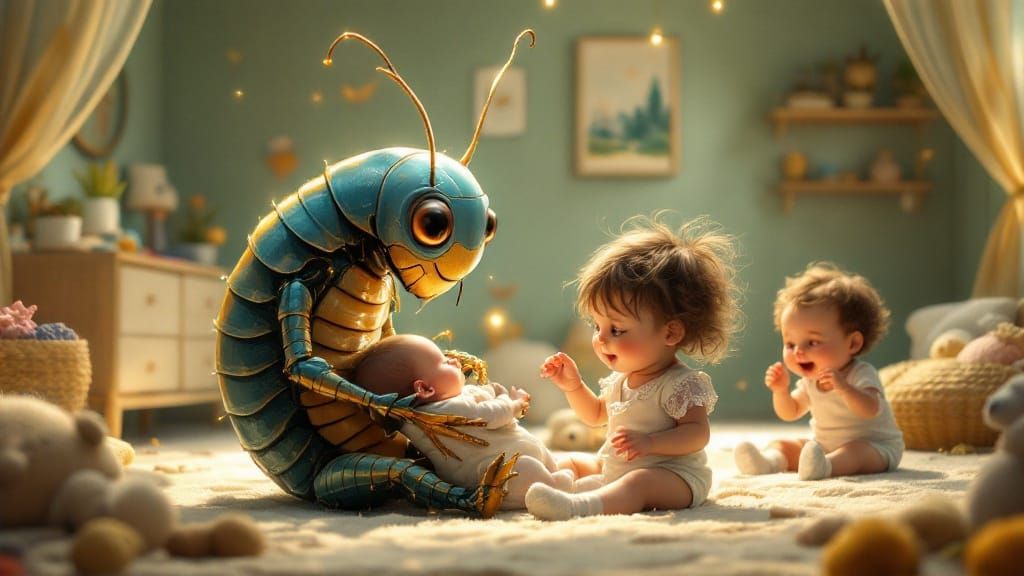 Benevolent Cockroach Nanny in Serene Nursery Scene