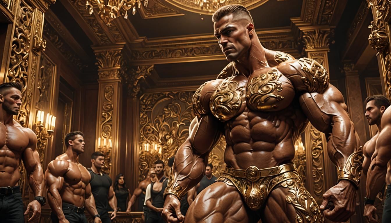 Muscular Bodybuilder Worshipped in Lavish Chamber