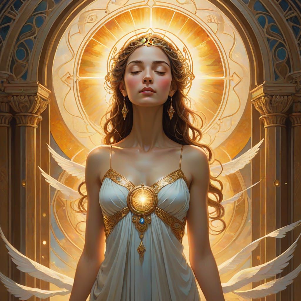Divine Woman Bridging Dimensions in Ethereal Art Nouveau Sty...