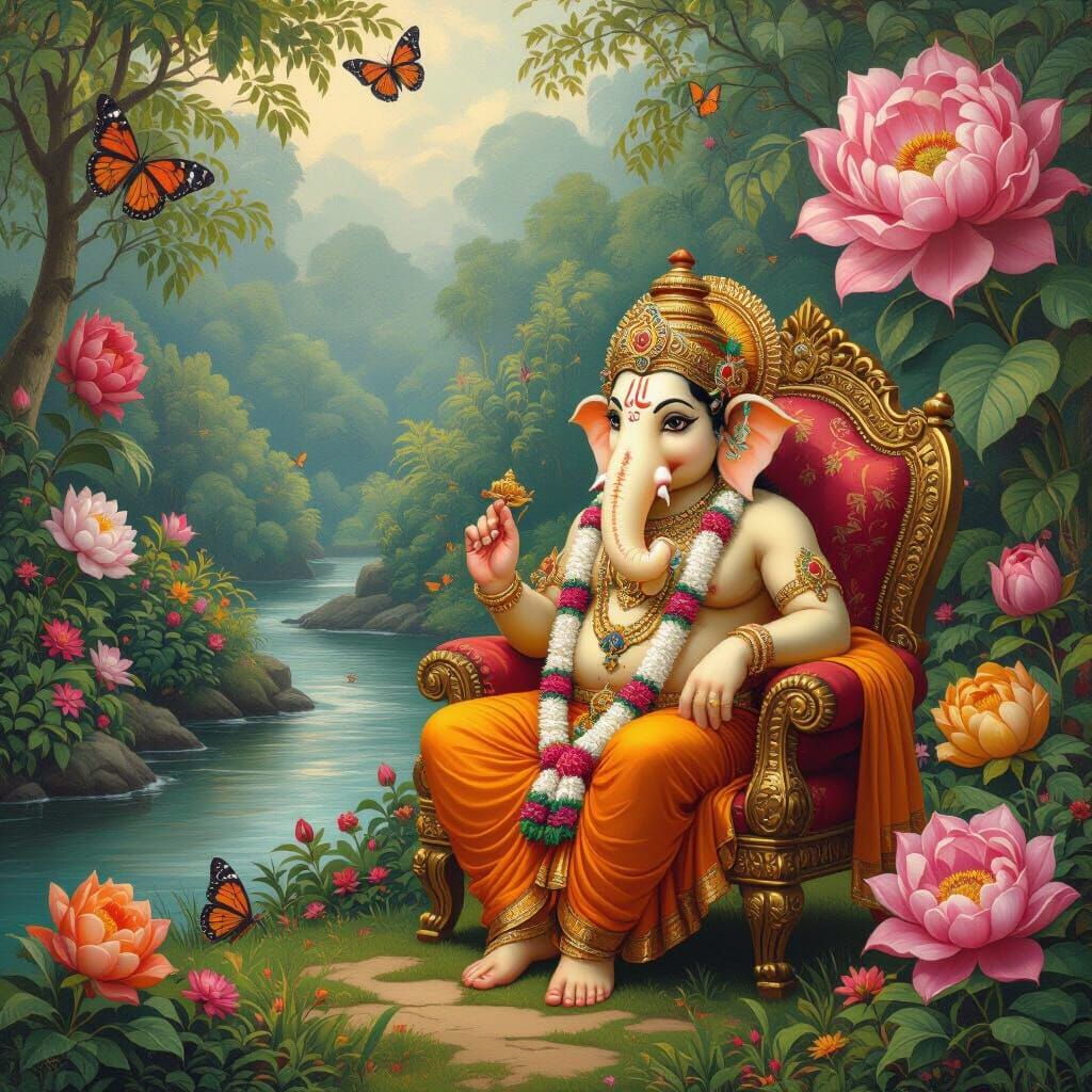 Ganesha in a Lush Garden, Classical Indian Style