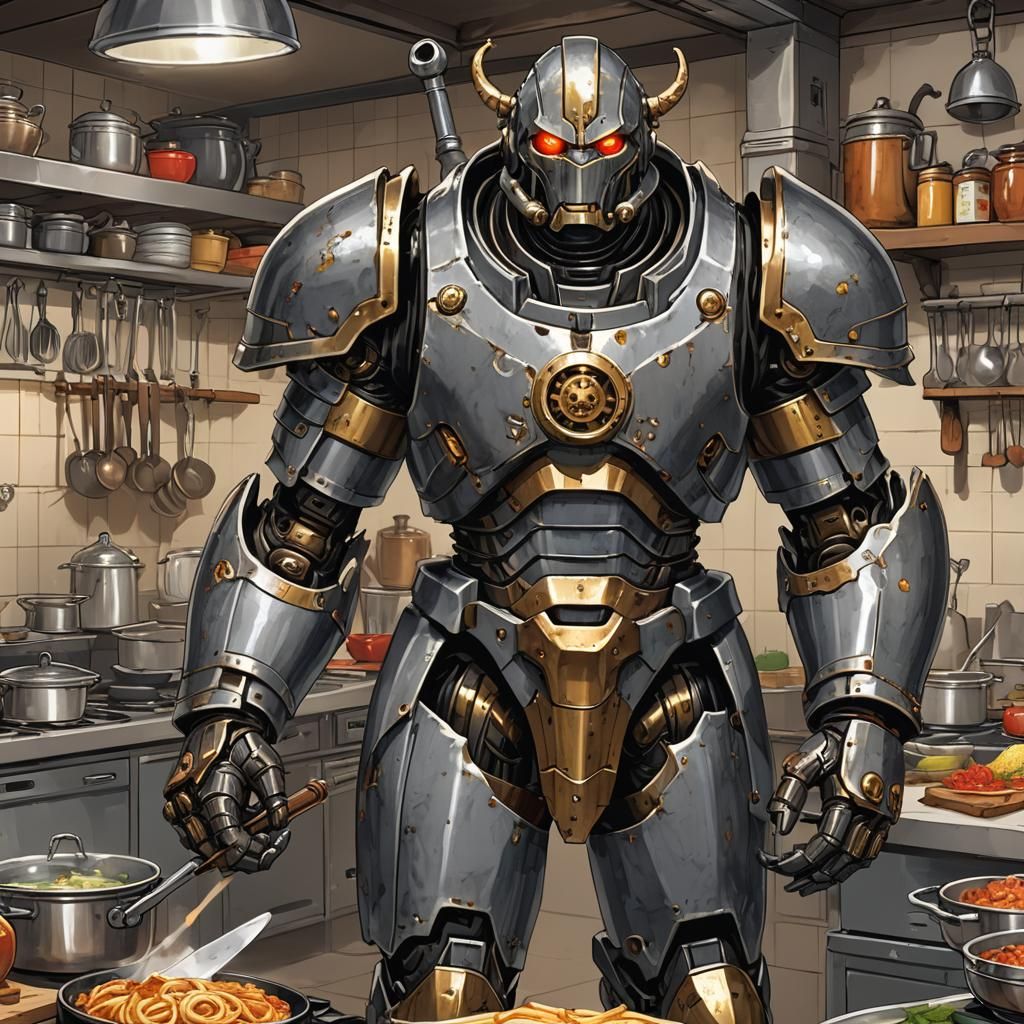 Warforged Golem Culinarax: Manga-Inspired Kitchen Scene