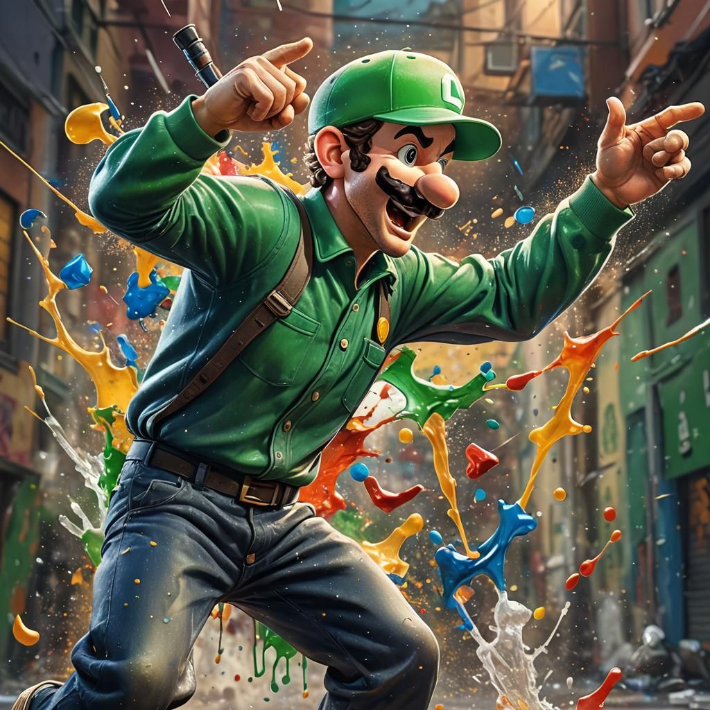 Hyperrealistic Luigi Dabbing Splash Art