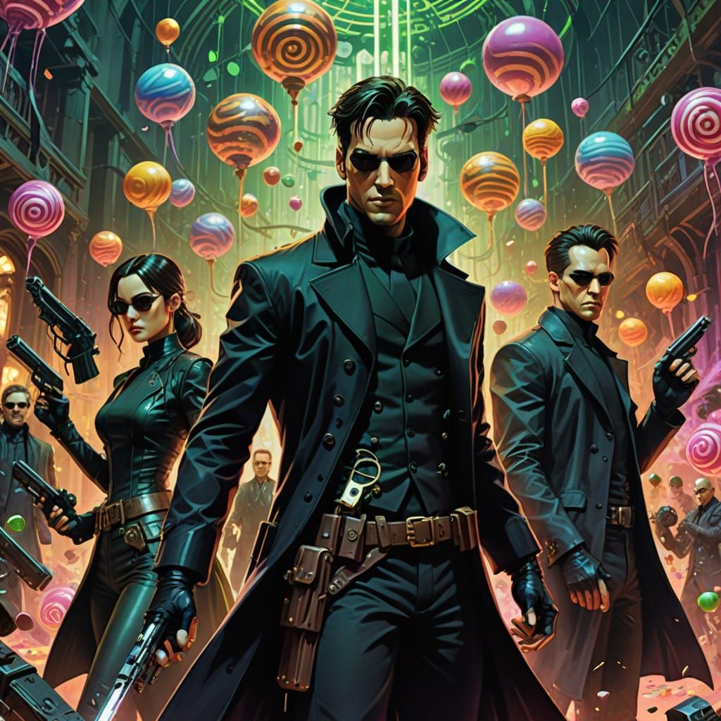 Neo Fights Agents in a Steampunk Candyland