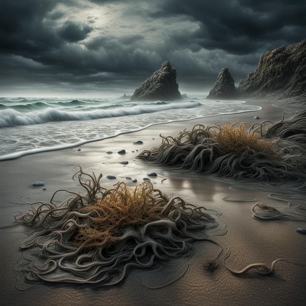 Hyper-Realistic Flotsam on a Dark Beach