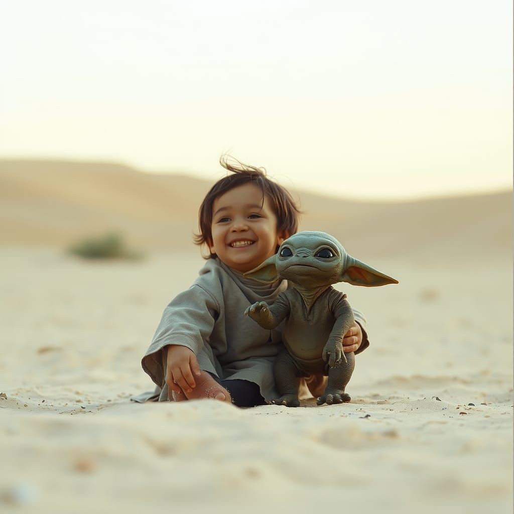 Child and Alien Laughing on Desert Beach