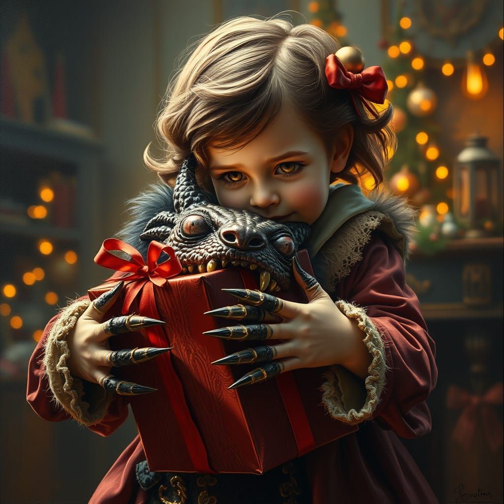 Victorian Child Hugs Monster Gift in Oil Painting