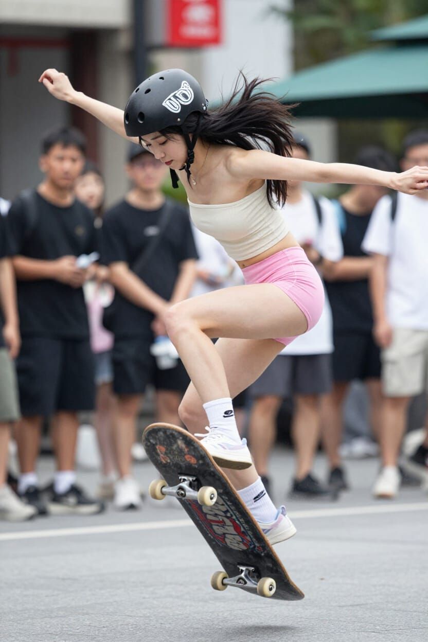 Asian Skateboarder Mid-Air Trick with Pink Shorts