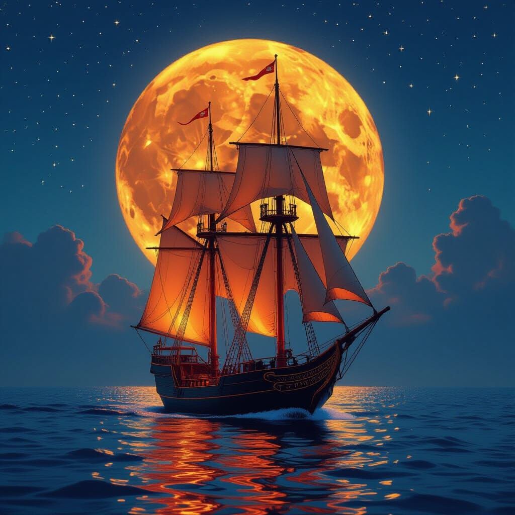 Majestic Antique Ship on Starry Sea Under Luminous Moon