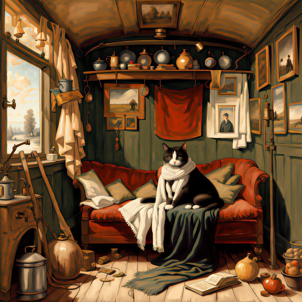 Miserable Broom Character with Cat in Snowy Landscape