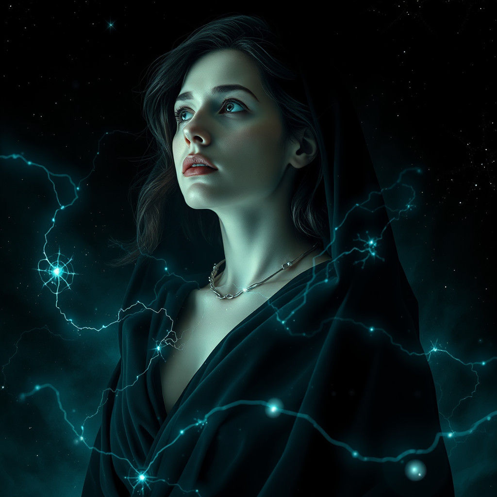 Contemplative Woman in Cosmic Darkness: Surreal Futuristic A...