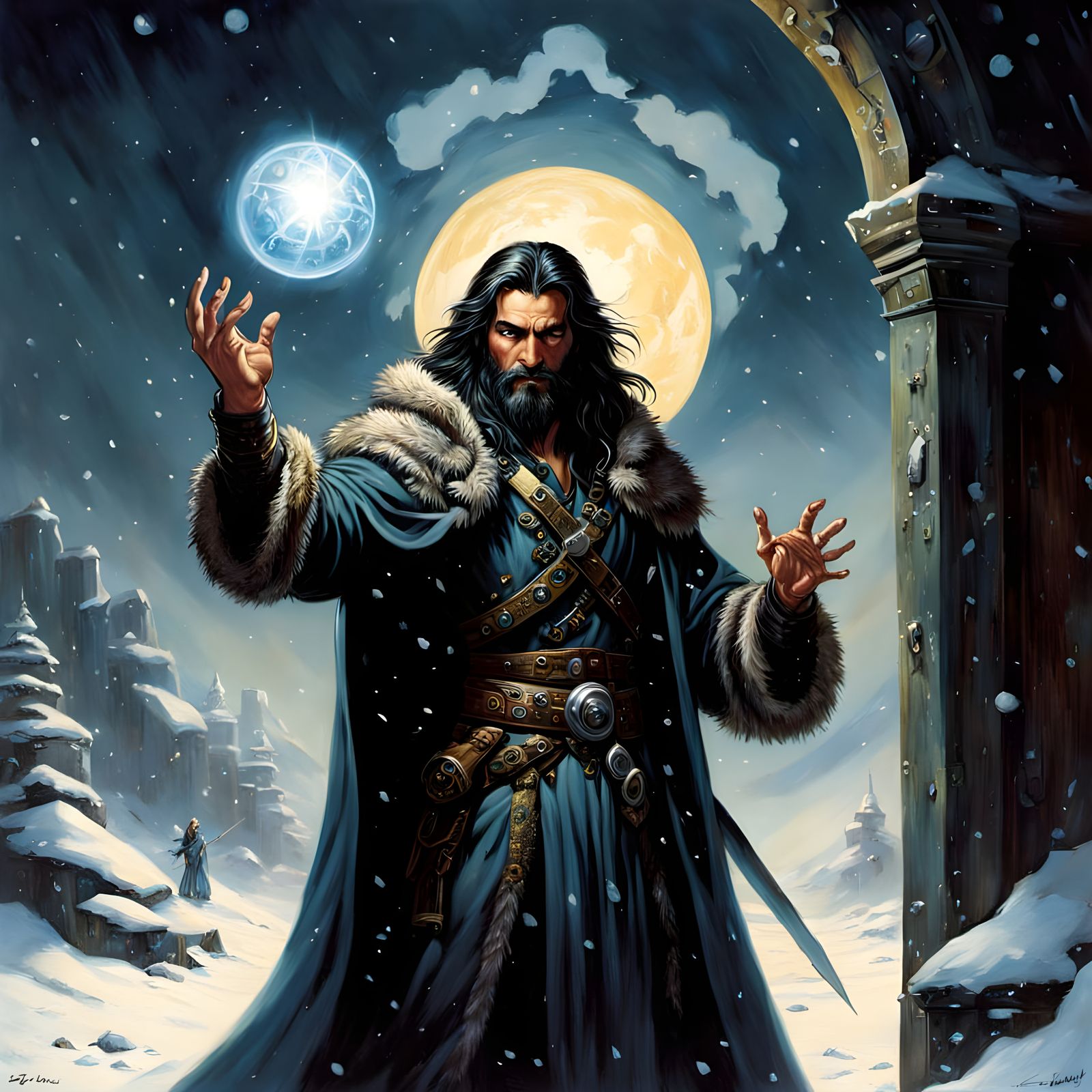 A warrior with long dark hair and a beard in rich furs, with...