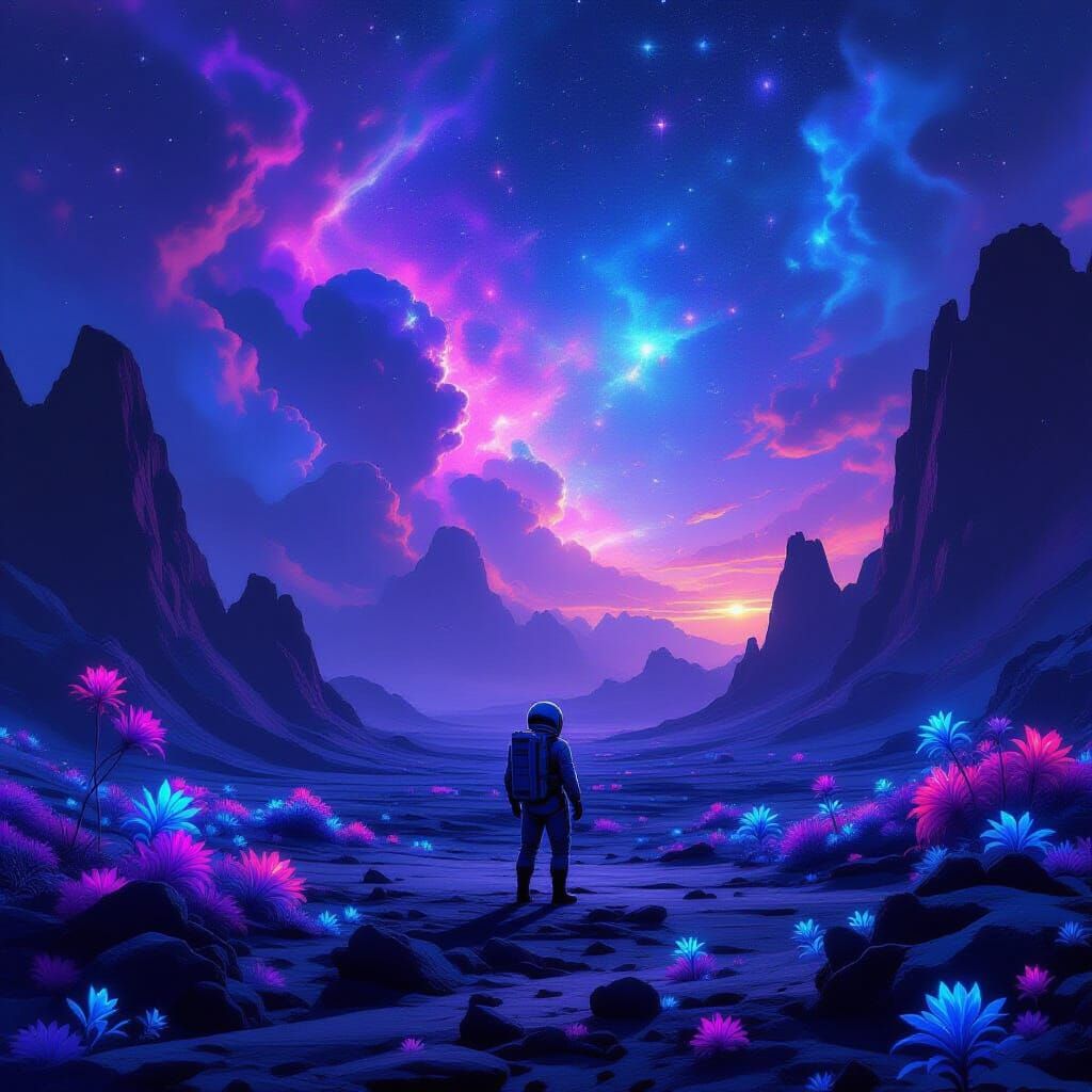 Astronaut on Alien Planet with Bioluminescent Flora