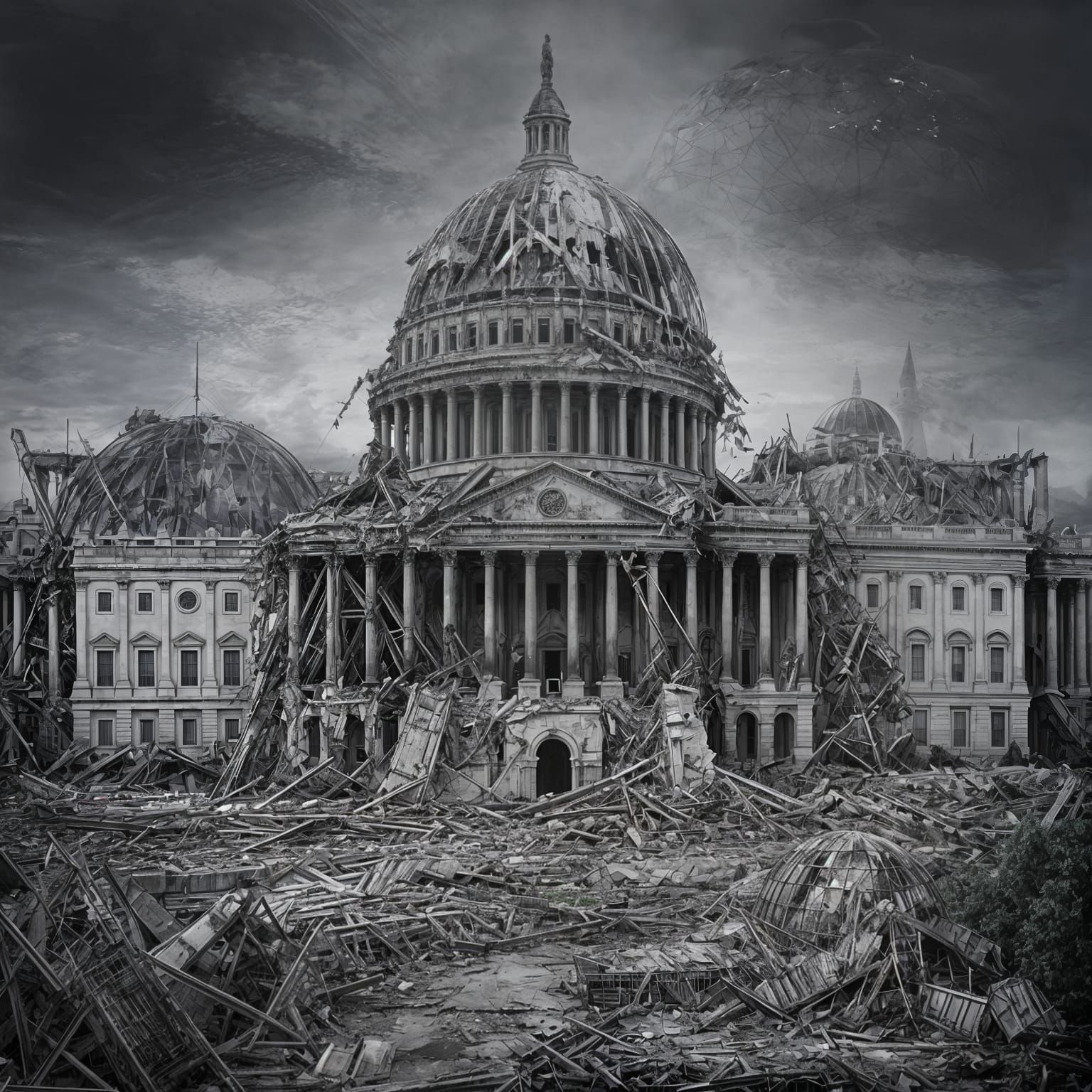 Dystopian US Capitol Ruins: Oil Painting
