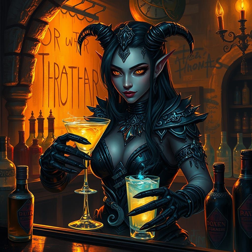 Drow Bartender Serving Magic Cocktails in Fantasy Tavern