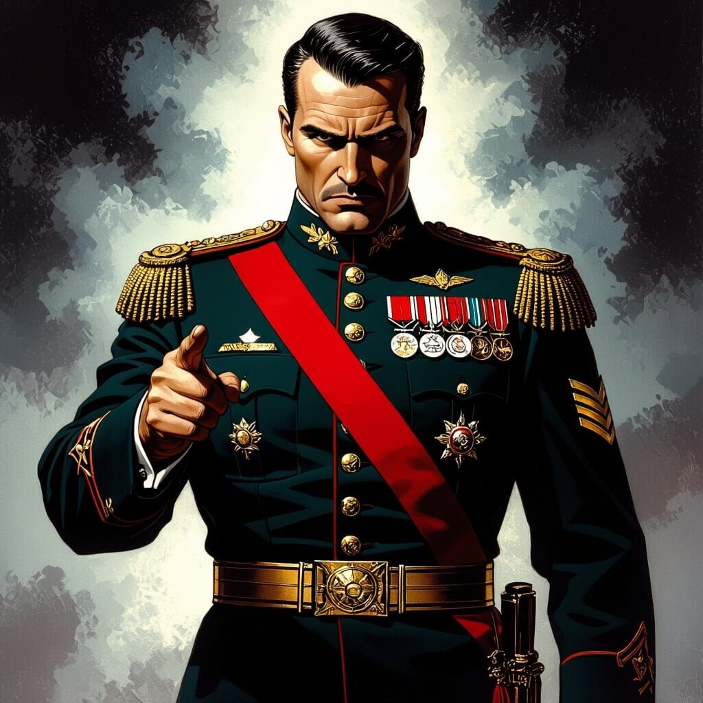 Imposing Military Dictator Points Forward in Powerful Pose