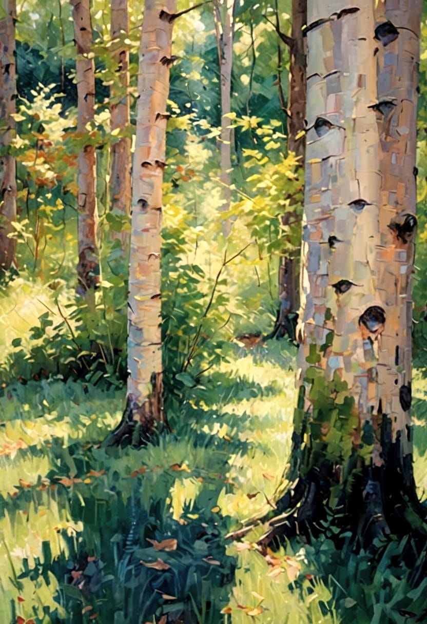 Vibrant Forest Scene in 3D with Soft Brush Strokes