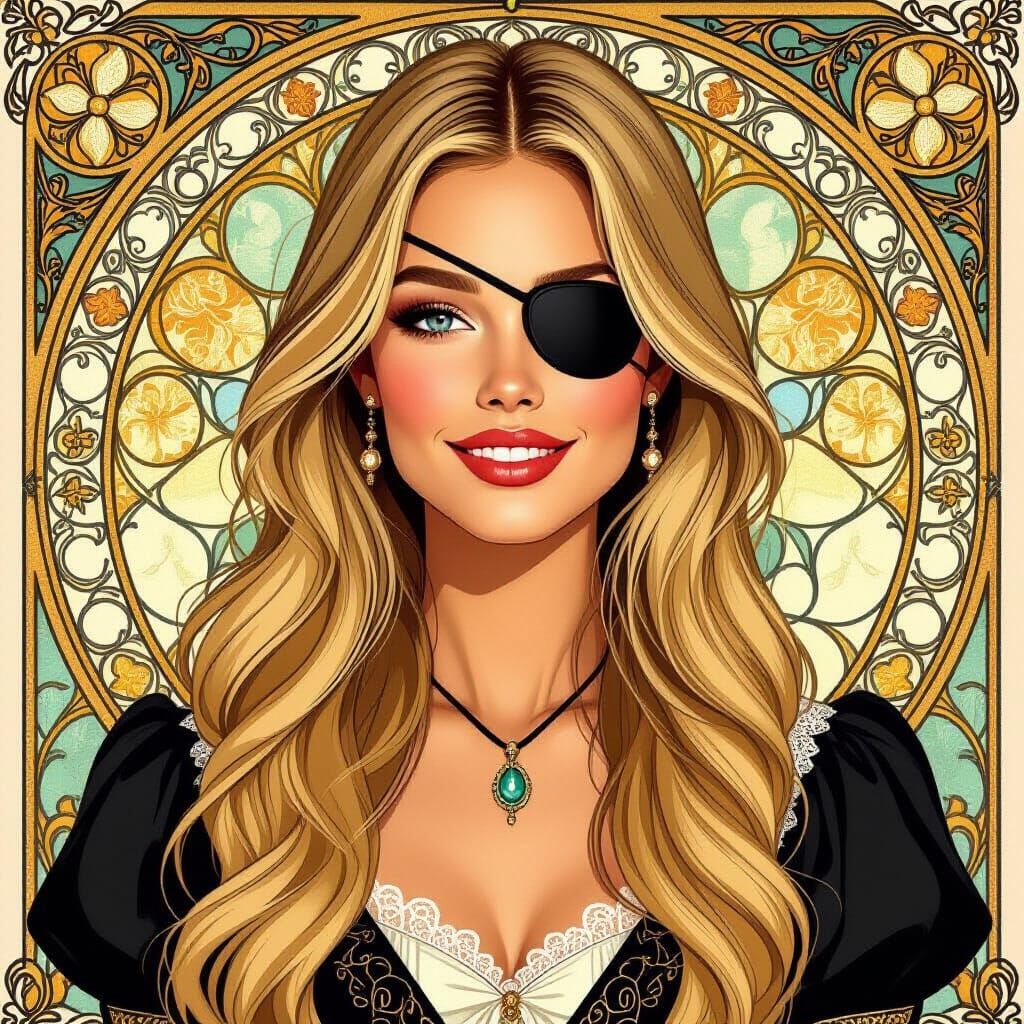 Blonde Model with Eyepatch in Art Nouveau Style